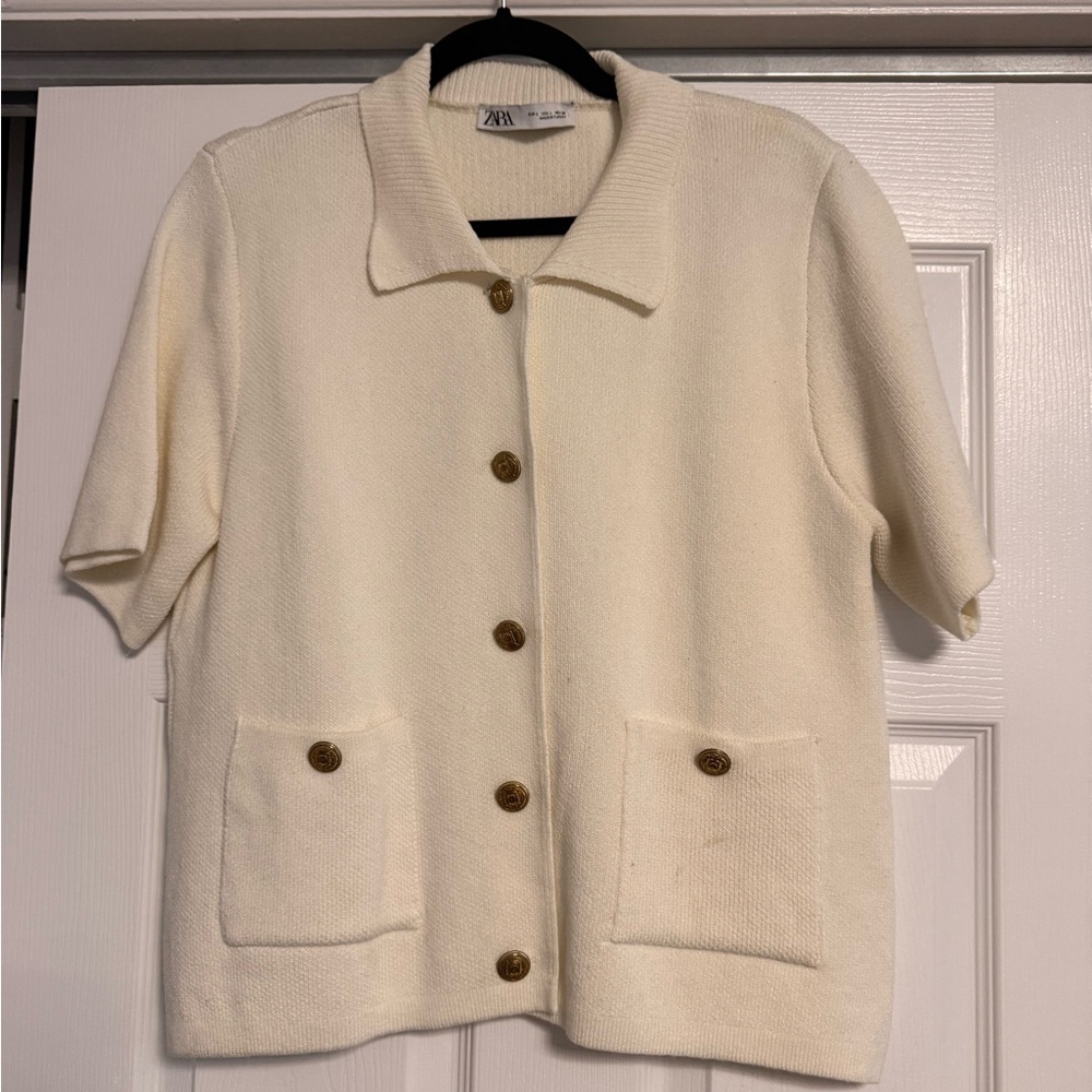 zara cream color - knit short sleeve button sweater material with collar